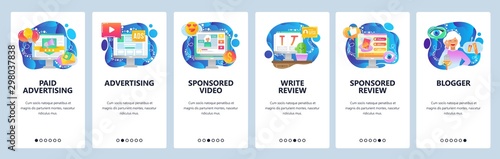Mobile app onboarding screens. Digital media marketing, online advertisement, sponsored post, blogger. Menu vector banner template for website and mobile development. Web site design flat illustration