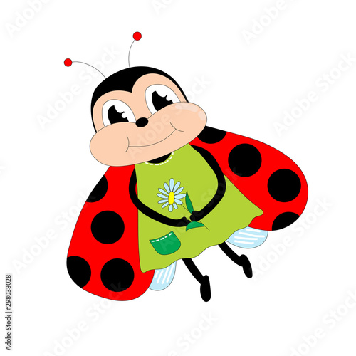 Vector cartoon cute ladybug in a green dress holding a flower in her paws.