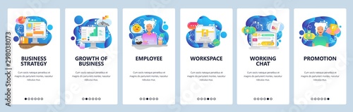 Mobile app onboarding screens. Business plan, financial chart, workspace, chat support. Menu vector banner template for website and mobile development. Web site design flat illustration