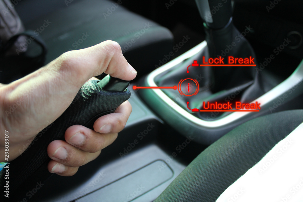The man's hand is pressing the button to release the handbrake, with the holographic technology helping to state The man's hand is pressing the button to release the handbrake, with the holographic technology helping to state