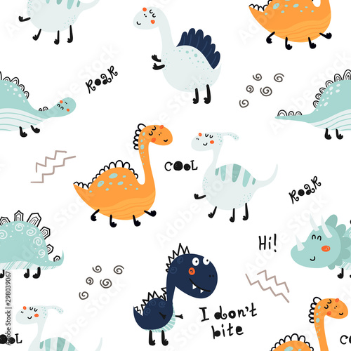 Seamless pattern with cute dinosaurs. © nafanya241