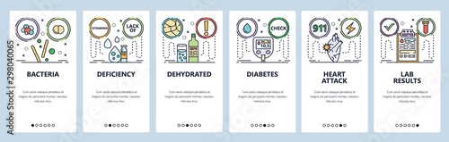 Mobile app onboarding screens. Health problems, heart attack, check diabetes, blood test, drugs, vaccine. Vector banner template for website and mobile development. Web site design flat illustration