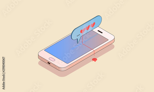Telephone and message in isometry. Vector graphics. Broken love.