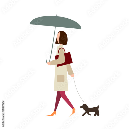 The young stylish girl goes under an umbrella, on a shoulder a bag. On a leash behind her is a small dog. Rainy weather, bright clothes.