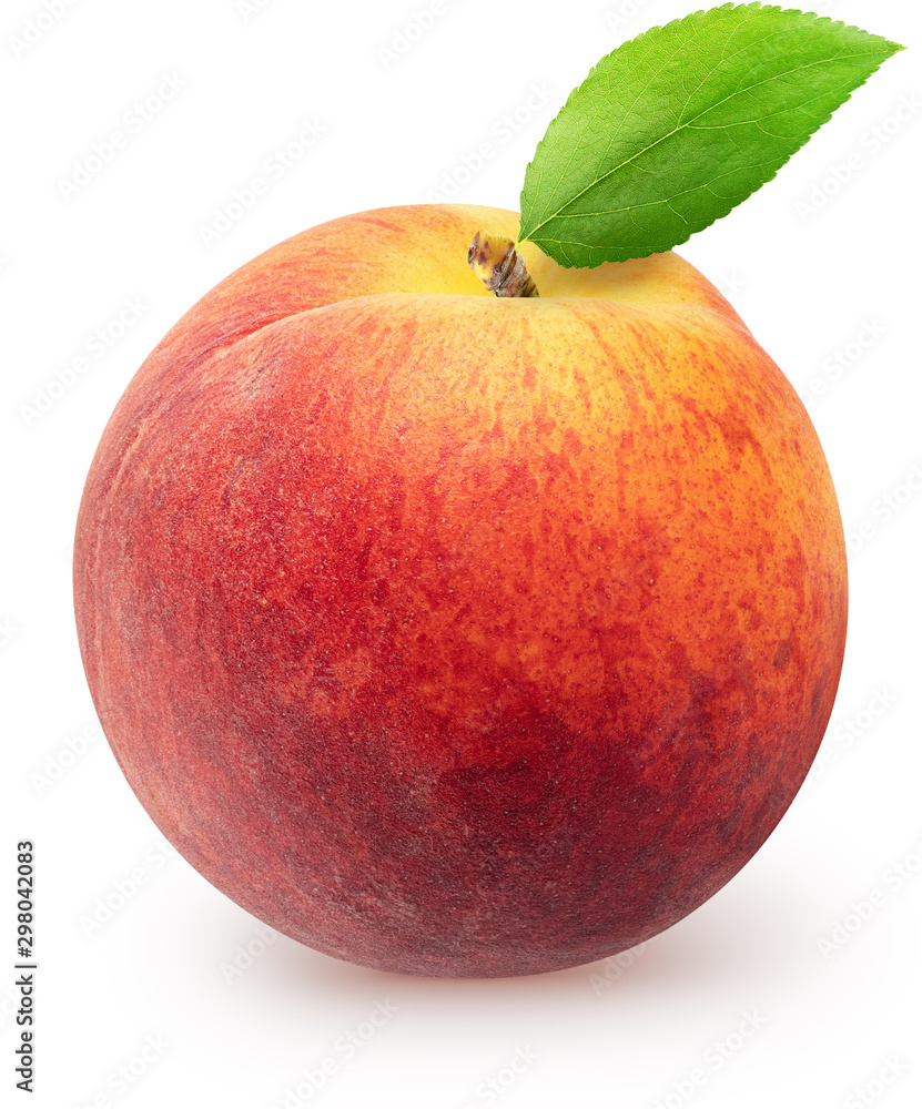 Isolated peach. Single peach fruit with leaf isolated on white background with clipping path Isolated peach. Single peach fruit with leaf isolated on white background with clipping path