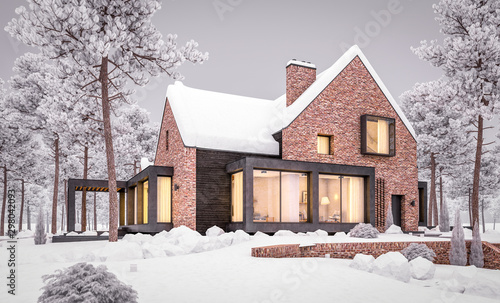 3d rendering of modern cozy clinker house on the ponds with garage and pool for sale or rent with beautiful landscaping on background. Cool winter evening with warm cozy light inside.