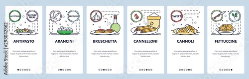 Mobile app onboarding screens. Intalian food cuisine, pasta, bruschetta, cannoli, cannelloni. Menu vector banner template for website and mobile development. Web site design flat illustration