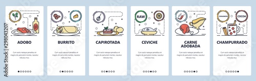 Mobile app onboarding screens. Mexican cuisine, food menu, burrito, ceviche. Vector banner template for website and mobile development. Web site design flat illustration