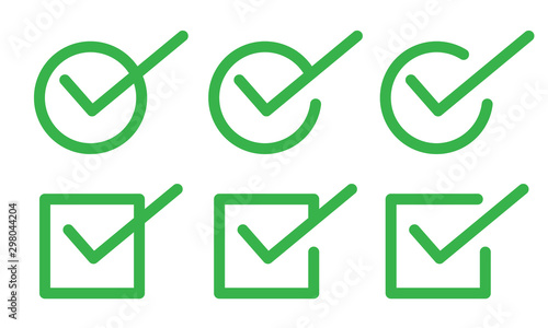 Green check mark icon set. Tick symbol in circle and square photo