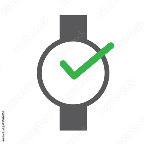Confirmed or accepted time concept. Check mark on clock dial
