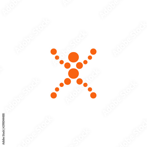 Abstract human figure from orange balls of various sizes, X position, vector logo tamplate. Human health and power symbol, simple silhouette. Abstract Letter X.