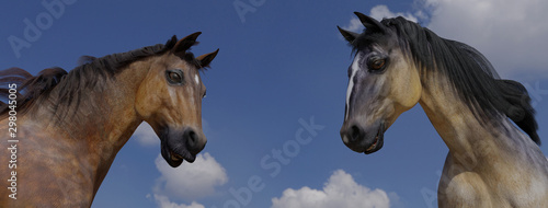 3d Illustration of two horses looking at each other in a web header format
