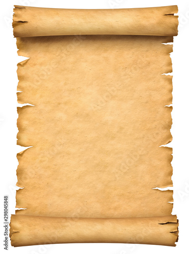 Old paper manuscript or papyrus scroll vertically oriented isolated on white background.