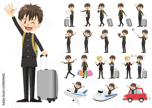Set of schoolboy traveling