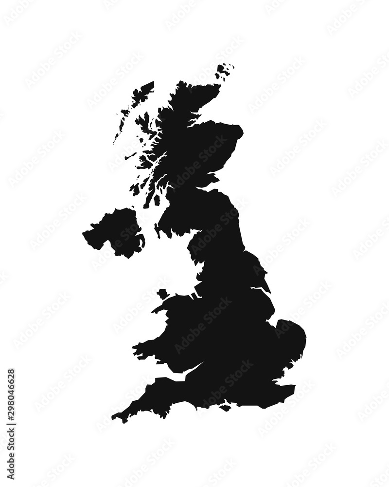 Vector isolated simplified illustration icon with black geometrical silhouette of United Kingdom of Great Britain and Northern Ireland (UK) map. White background