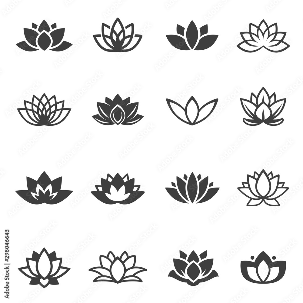 Kwiat lotosu czarny glif i liniowe ikony wektor zestaw <span>plik: #298046643 | autor: Vikivector</span>