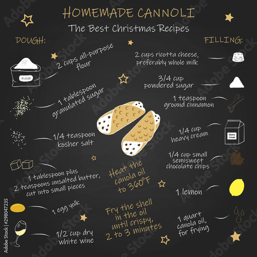 Hand-drawn dessert homemade canoli colorful sketch, with black chalkboard background. Christmas best recipes