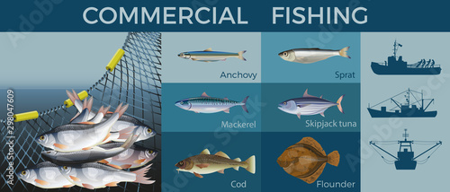 Fishery industry set, vector illustration in flat style