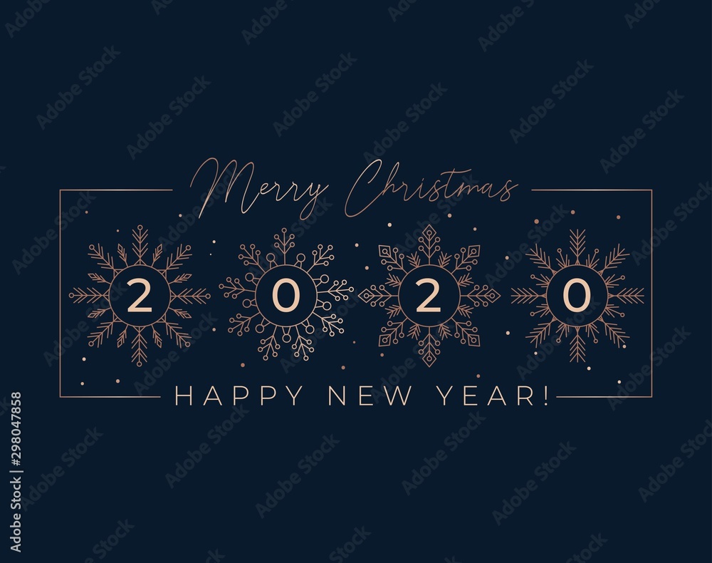 Festive linear greeting card with snowflakes vector illustration. Template with Merry Christmas and Happy New Year 2020 wishes and rose gold snow of flakes on black background - obrazy, fototapety, plakaty 