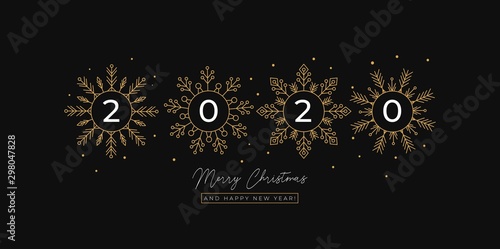Festive linear greeting card with flakes of snow vector illustration. Merry Christmas and Happy New Year 2020 postcard with golden snowflakes. Xmas holidays concept