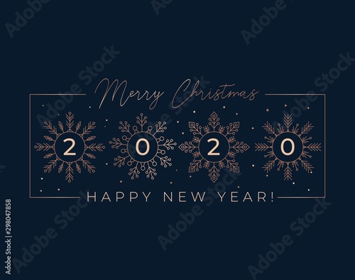 Festive linear greeting card with snowflakes vector illustration. Template with Merry Christmas and Happy New Year 2020 wishes and rose gold snow of flakes on black background