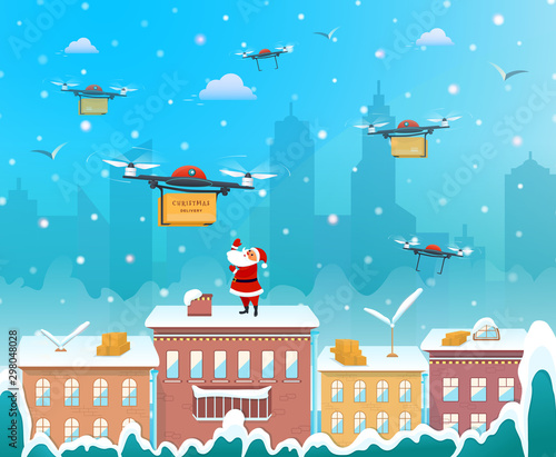 Santa Claus on the roof of the house using drone to delivery christmas present happy new year merry christmas holiday concept flat vector illustration