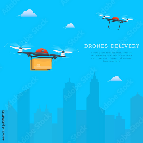 Drone fast delivery concept, two quadcopters flying with cityscape background. Air drones carrying package into urban city