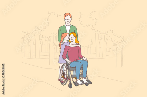 Disabled people care, love concept. Disabled woman with family in park, happy mother in wheelchair, wife walking with husband and daughter, smiling kid hugging handicapped mom. Simple flat vector