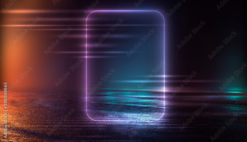 Dark street, wet asphalt, reflections of rays in the water. Abstract dark background, smoke, smog. Empty dark scene, neon light, spotlights. Concrete floor Dark street, wet asphalt, reflections of rays in the water. Abstract dark background, smoke, smog. Empty dark scene, neon light, spotlights. Concrete floor