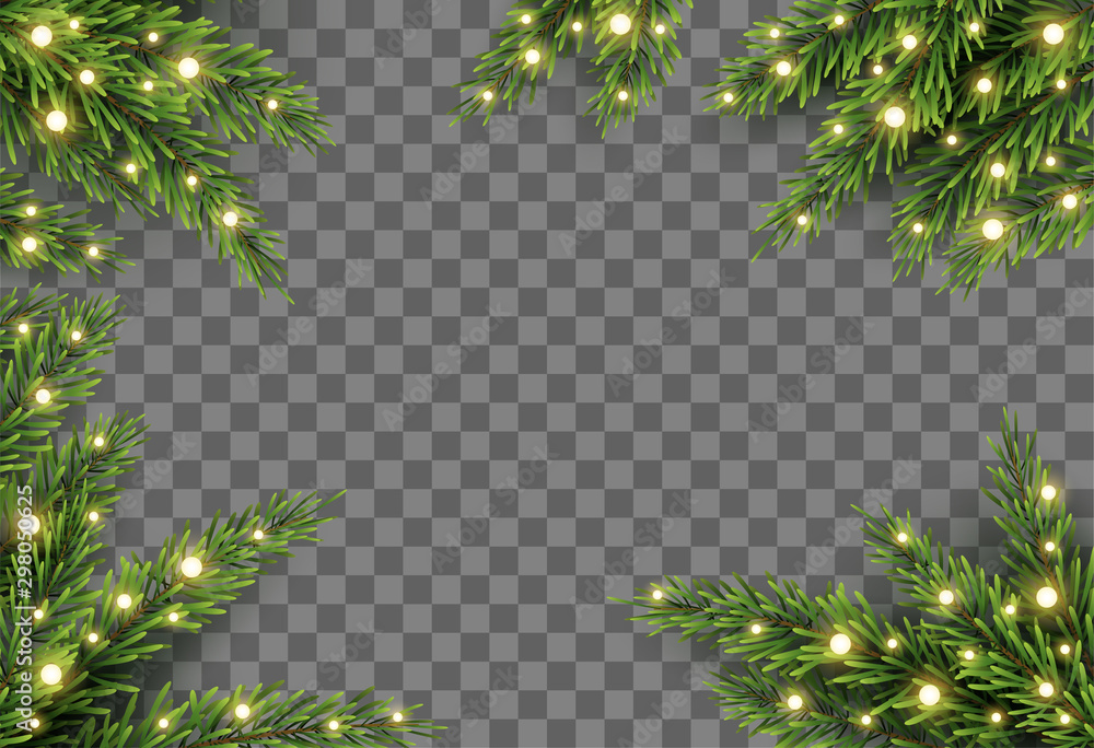 Christmas tree decor with fir branches and lights on transparent background, vector illustration