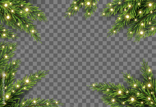 Christmas tree decor with fir branches and lights on transparent background, vector illustration