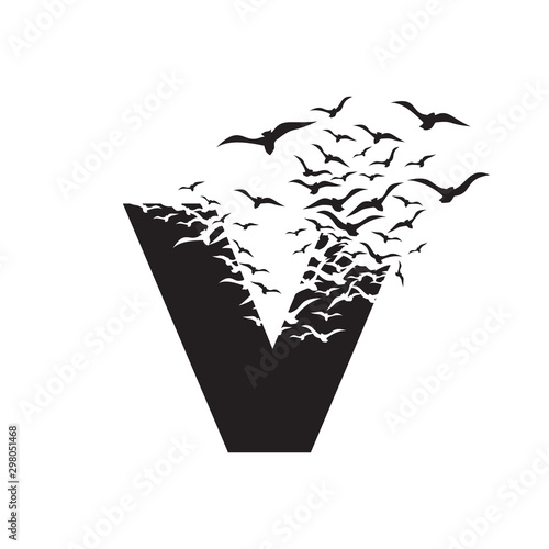 letter V with effect of destruction. Dispersion. Birds