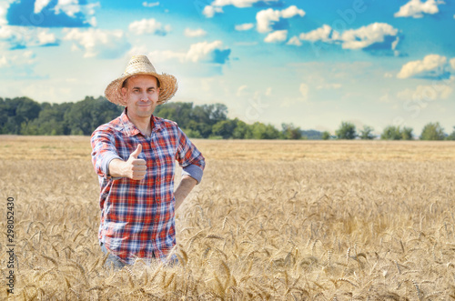 Happy looking farmer in straw hat shows thumbs up at harvest ready wheat field © Mikhailov Studio