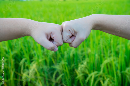 Boy and girl bumping hands to fist on the meadow background © somesense
