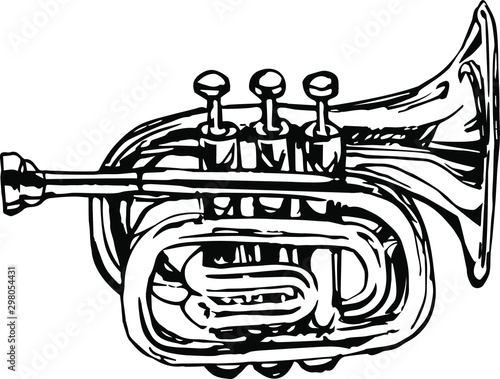 musical brass instrument cornet vector illustration in black ink isolated on white background in hand drawn style