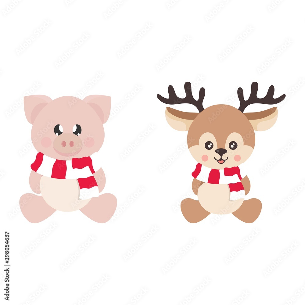 cartoon cute deer with scarf and winter pig sitting vector cartoon cute deer with scarf and winter pig sitting vector