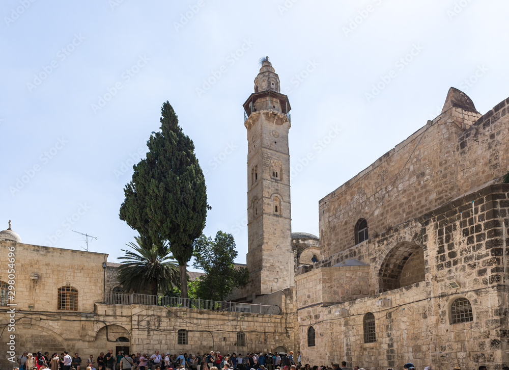 View of the Omar Mosque from the courtyard of the Church of the Holy Sepulchre in the Old City in Jerusalem, Israel