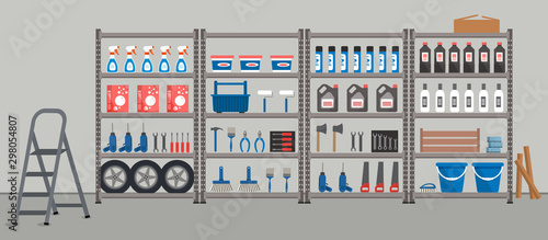 Storeroom. Shelving with household goods. Warehouse racks. There are tools, boxes, buckets, brushes, bottles, step ladder and other things in the picture. Vector illustration
