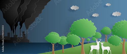 Ecology and environmental pollution concept. Landscape with factory and deer in forest in paper cut style. Vector illustration for poster, backdrop, banner, presentation environment conservation.
