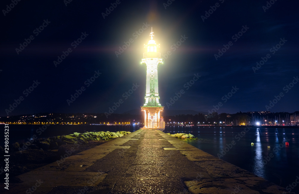 Fototapeta premium Paquis lighthouse in Geneva at night