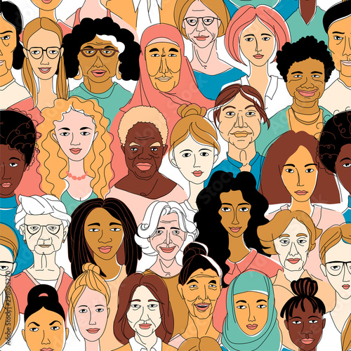 Women's diversity head portraits line drawing doodle poster seamless pattern