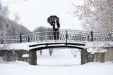 Winter walk with an umbrella.Man in a coat with an umbrella, walk against the backdrop of the winter landscape, winter view
