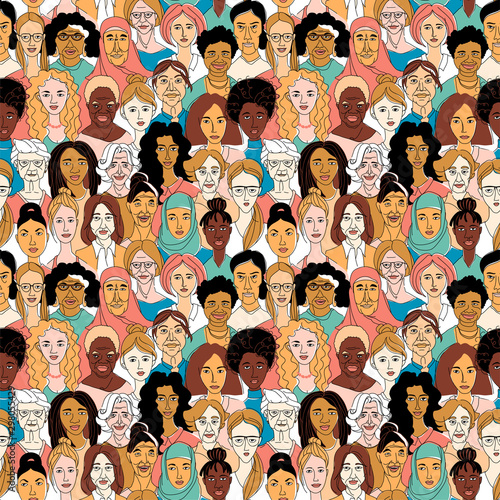 Women's diversity head portraits line drawing doodle poster seamless pattern