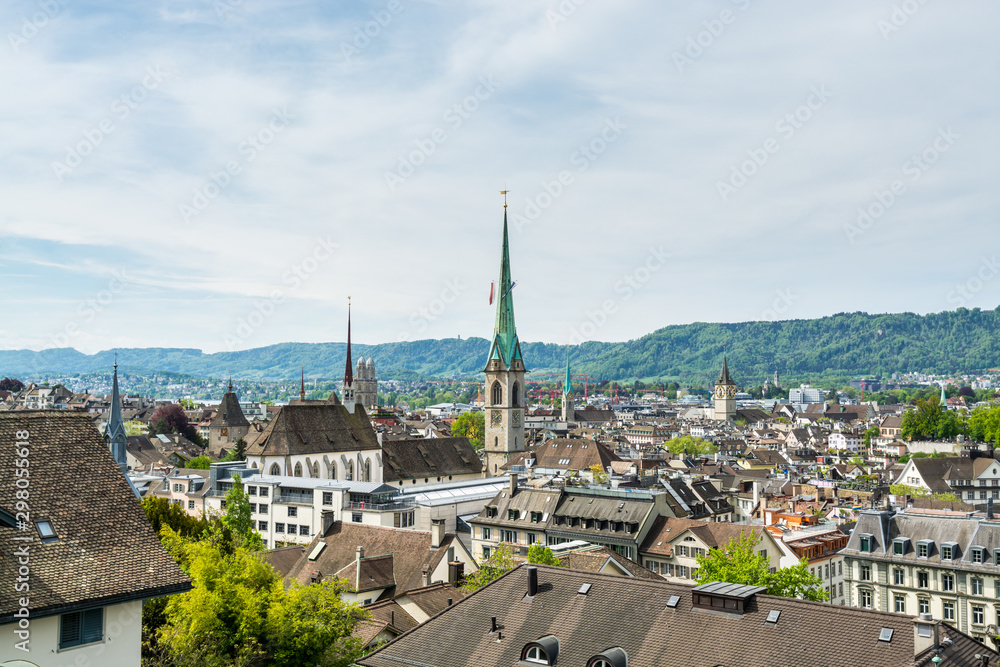 Panorama of city view of old downtown of Zurich, with Predigerkirche, one of the four main churches of the old town of Zurich, Switzerland,