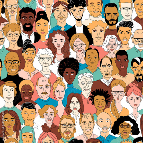 Women's men's head portraits line drawing doodle poster seamless pattern