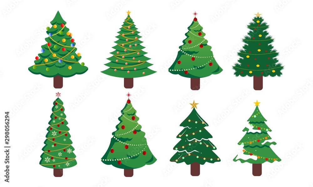 Naklejka Set of christmas trees silhouette with decorations, vector illustration isolated on white background, template for design, greeting card, invitation.