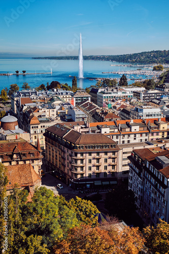 Top view of the old city and the fountain on the lake in Geneva, Switzerland.