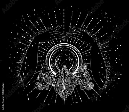 Vector drawn fortuneteller female hands conjure above a magic crystal ball on a patterned stand. The magic rays of the cosmic universe Halloween concept Mage Attributes white lines on a black back