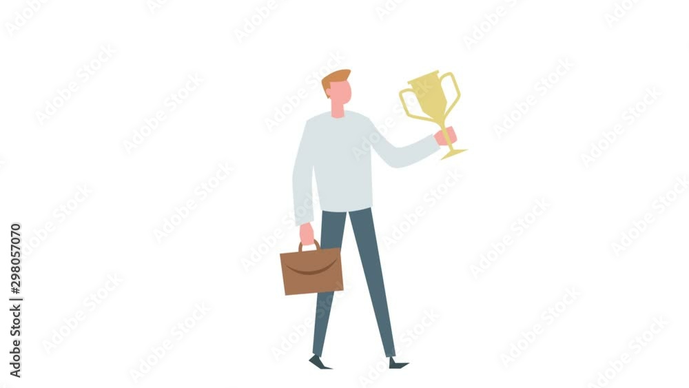 Flat cartoon colorful man character animation. Male walk cycle with winner cup situation Flat cartoon colorful man character animation. Male walk cycle with winner cup situation