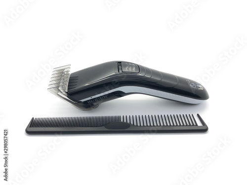 Professional hairdresser for hair cutting and black plastic comb isolated on white background. Hair cutting tools set.